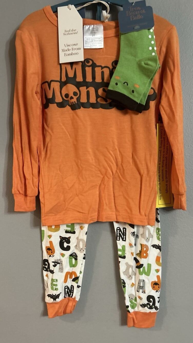 New Viscose Bamboo Boy Girl Kids 3T Halloween Pajamas 3 pc set spooky monster